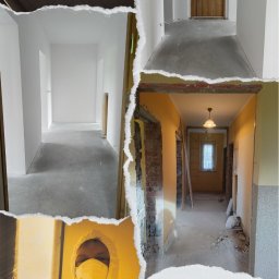 Perfect wykończenia wnętrz Damian Oszczęda - Kolaż: korytarz po remoncie (białe ściany, nowe drzwi), korytarz w trakcie prac (cegły, stara farba), malarz z pistoletem natryskowym. Numer telefonu.