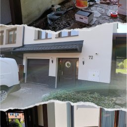 Perfect wykończenia wnętrz Damian Oszczęda - Dom jednorodzinny z elewacją w trakcie wykończenia. Widoczne materiały budowlane, ceglana podmurówka i fragment trawnika. Prace wykończeniowe.