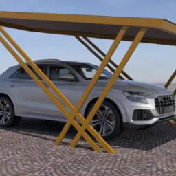 Wizualizacja carportu jednostanowiskowego z metalową konstrukcją w kolorze złotym, zadaszeniem i srebrnym SUV-em na brukowanej powierzchni.