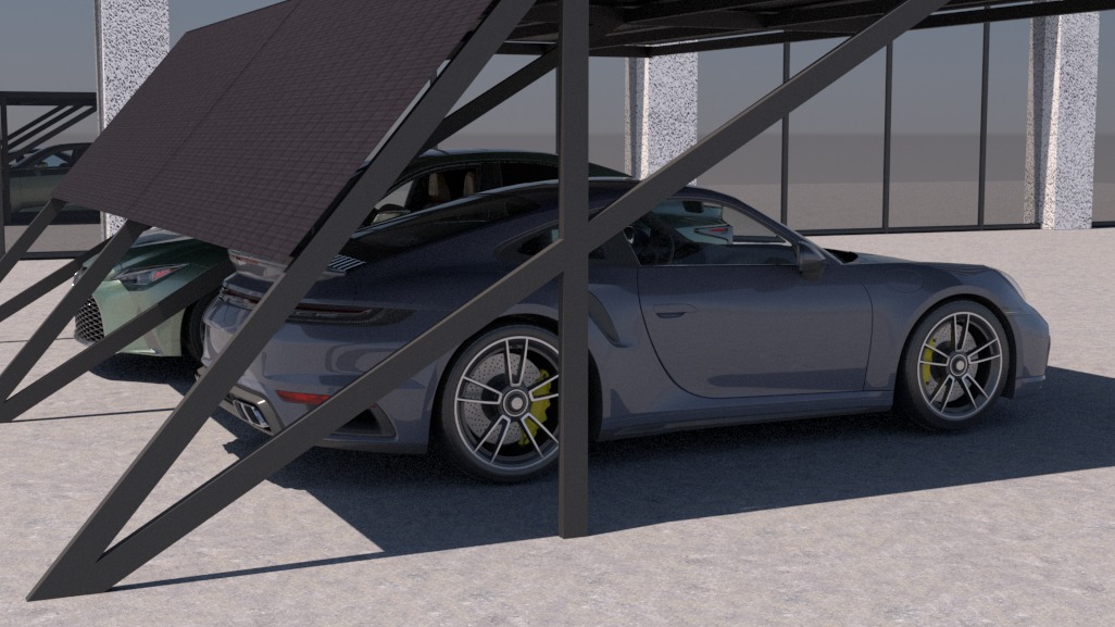 Dwustanowiskowa wiata samochodowa z metalową konstrukcją i zadaszeniem, pod którą zaparkowane są dwa samochody: szary Porsche i zielony Lexus.