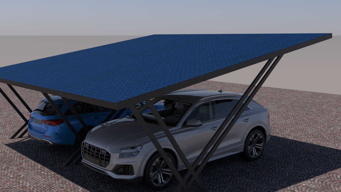 Wizualizacja carportu z metalową konstrukcją i panelami fotowoltaicznymi na dachu, pod którym zaparkowane są dwa samochody: srebrny SUV i niebieski hatchback.
