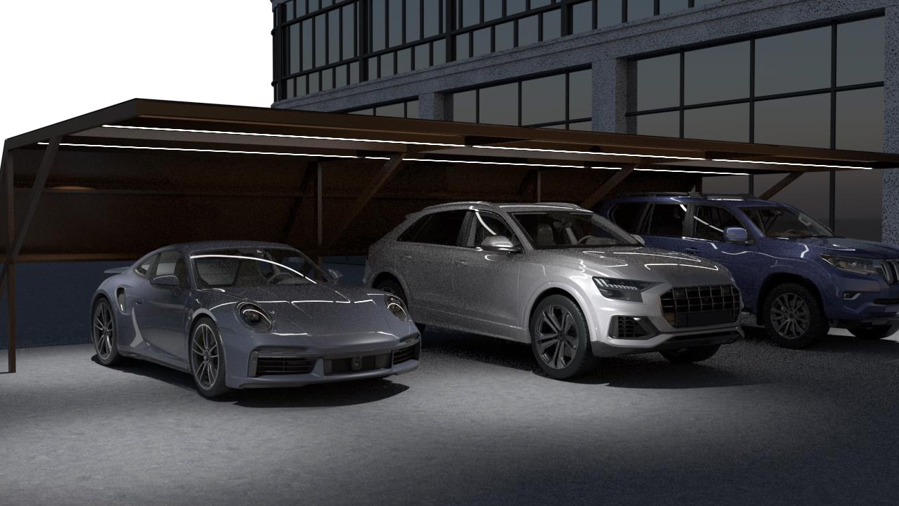 Nowoczesna wiata garażowa z oświetleniem LED, osłaniająca trzy zaparkowane samochody: szary sportowy model, srebrny SUV i niebieski terenowy pojazd.