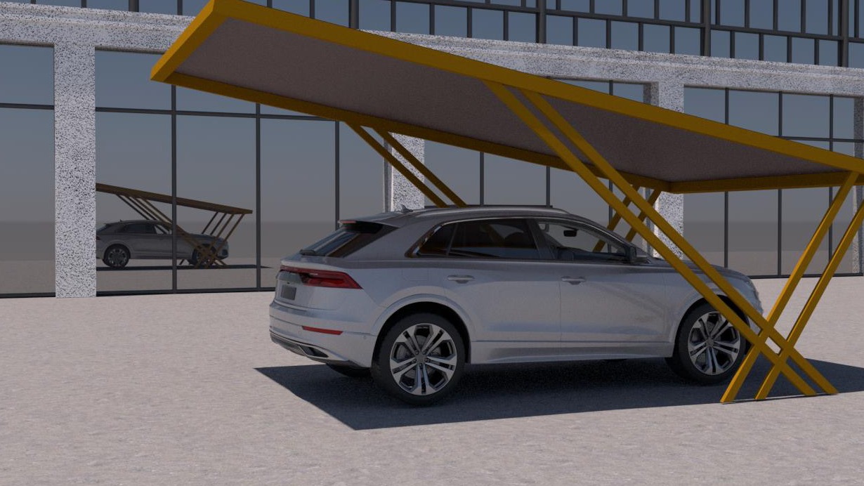 Wizualizacja jednostanowiskowego carportu z metalową konstrukcją w kolorze złotym, krytego szarą blachą trapezową, z zaparkowanym srebrnym SUV-em na betonowym podłożu, odbicie carportu...