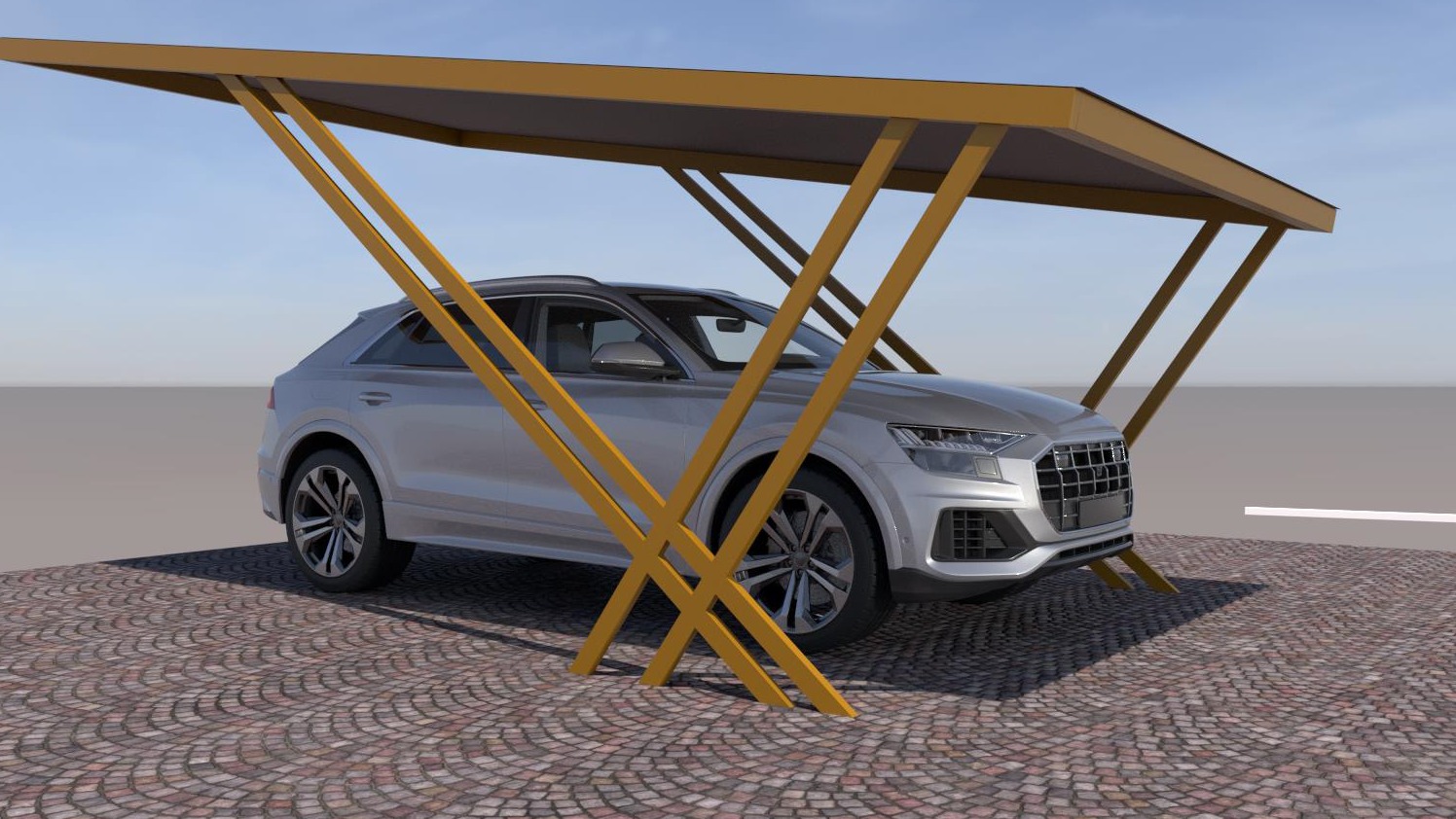 Wizualizacja carportu jednostanowiskowego z metalową konstrukcją w kolorze złotym, zadaszeniem i srebrnym SUV-em na brukowanej powierzchni.