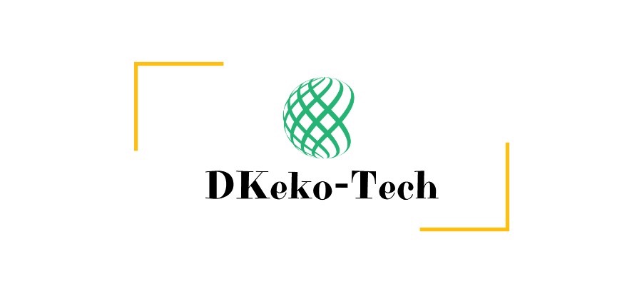 Logo firmy DKeko-Tech z zielonym globem z siatki i żółtymi elementami graficznymi w rogach, na białym tle.