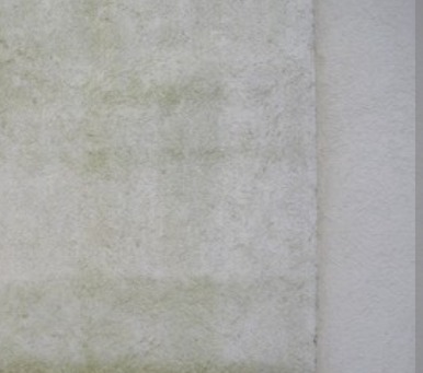 Fragment elewacji z widocznymi śladami zabrudzeń i zacieków, po lewej stronie, kontrastujący z czystą, białą powierzchnią po prawej, ukazujący efekt mycia.