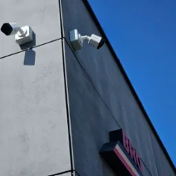 Dwie kamery monitoringu Hikvision zamontowane na szarej elewacji budynku z widocznym szyldem firmy na tle błękitnego nieba.
