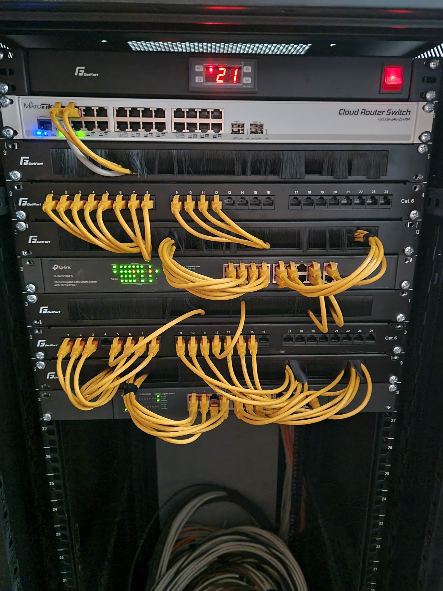 Ruter sieciowy MikroTik Cloud Router Switch CRS326-24G-2S+RM oraz switche TP-Link TL-SG1218MPE i TL-SG1024D zamontowane w szafie rack, połączone żółtymi kablami Ethernet.