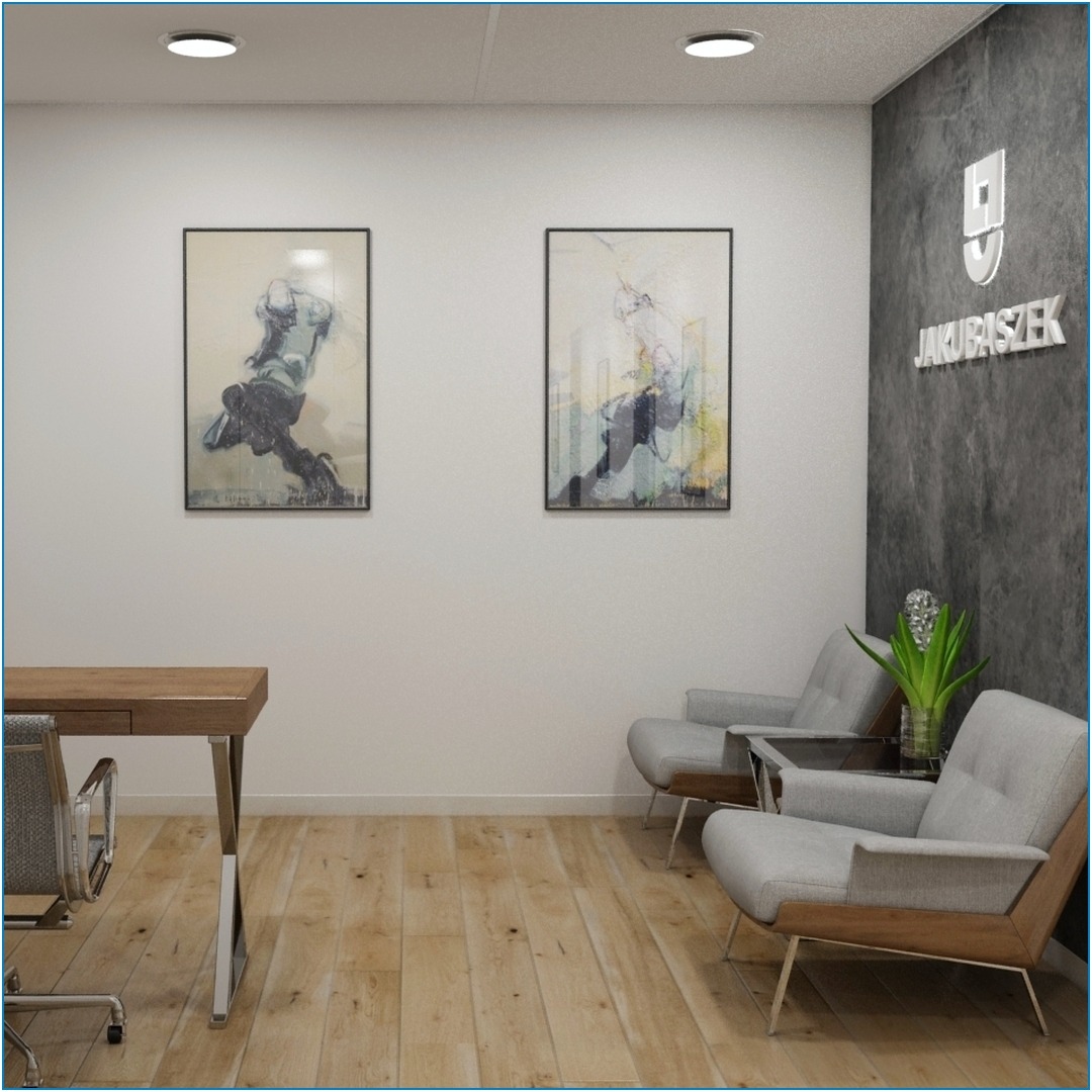 Wizualizacja biura: Dwa szare fotele klubowe z drewnianymi ramami, stolik kawowy z doniczką z rośliną na tle ściany z logo firmy, drewniana podłoga i biurko z krzesłem w tle, dwie abstrakcyjne...