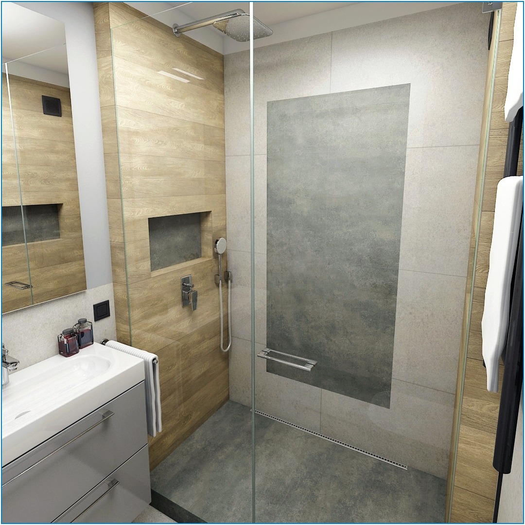 Nowoczesna kabina prysznicowa z drewnopodobnymi płytkami, wnęką na kosmetyki i szarym panelem dekoracyjnym na ścianie, umywalka z szafką w kolorze szarym.