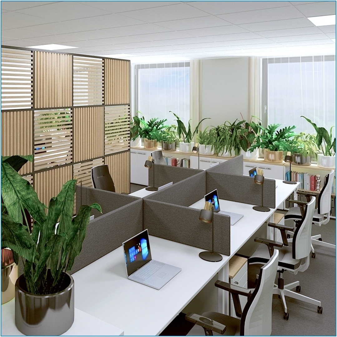 Wizualizacja przestronnego biura z białymi biurkami oddzielonymi szarymi przegrodami, laptopami, lampkami i roślinami doniczkowymi w tle, oświetlonego naturalnym światłem z okien.