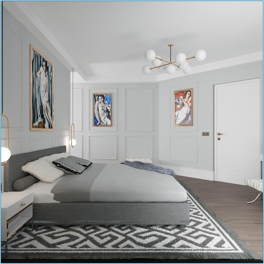 Nowoczesna sypialnia w odcieniach szarości z trzema obrazami na ścianie, dekoracyjną lampą sufitową i wzorzystym dywanem.