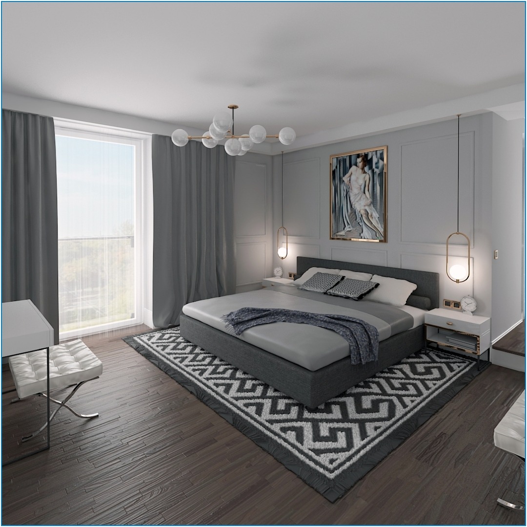 Nowoczesna sypialnia w odcieniach szarości z łóżkiem na dywanie w geometryczne wzory, oświetlona kulistym żyrandolem i lampkami nocnymi, z obrazem na ścianie.