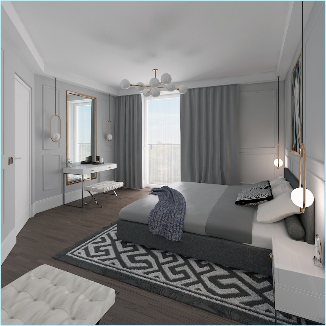 Nowoczesna sypialnia w odcieniach szarości z łóżkiem na platformie, geometrycznym dywanem, toaletką z lustrem w złotej ramie i designerską lampą sufitową.