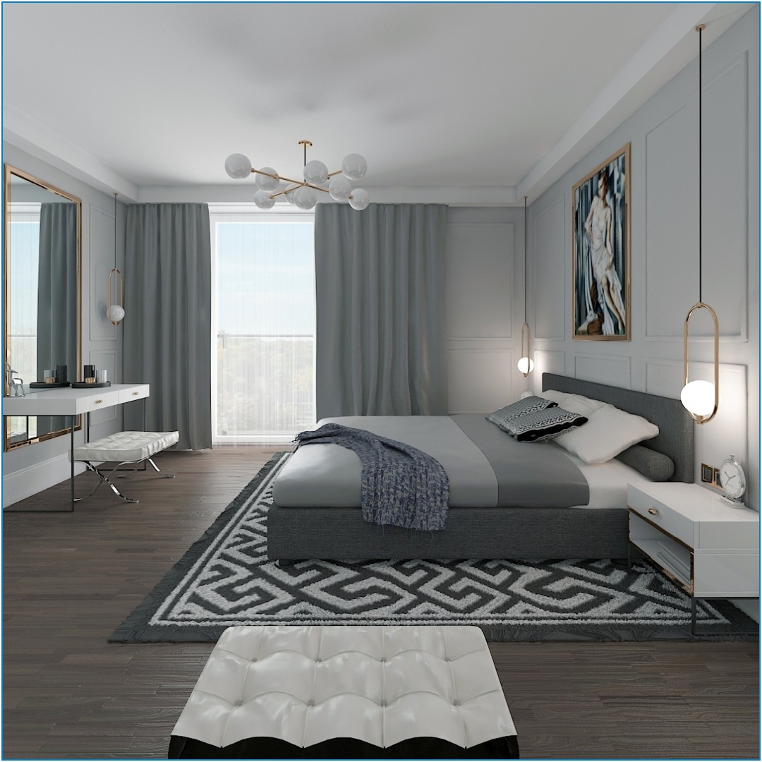Nowoczesna sypialnia w odcieniach szarości z akcentami bieli i złota, z dużym oknem, toaletką i dekoracyjnym dywanem w geometryczne wzory.