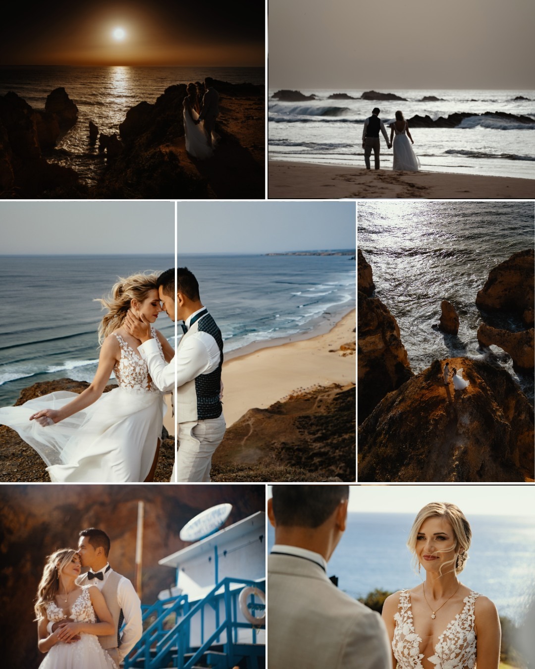 Kolaż z sesji ślubnej: para na plaży o zachodzie słońca, na klifie z widokiem na ocean i przy niebieskiej budce ratowniczej.