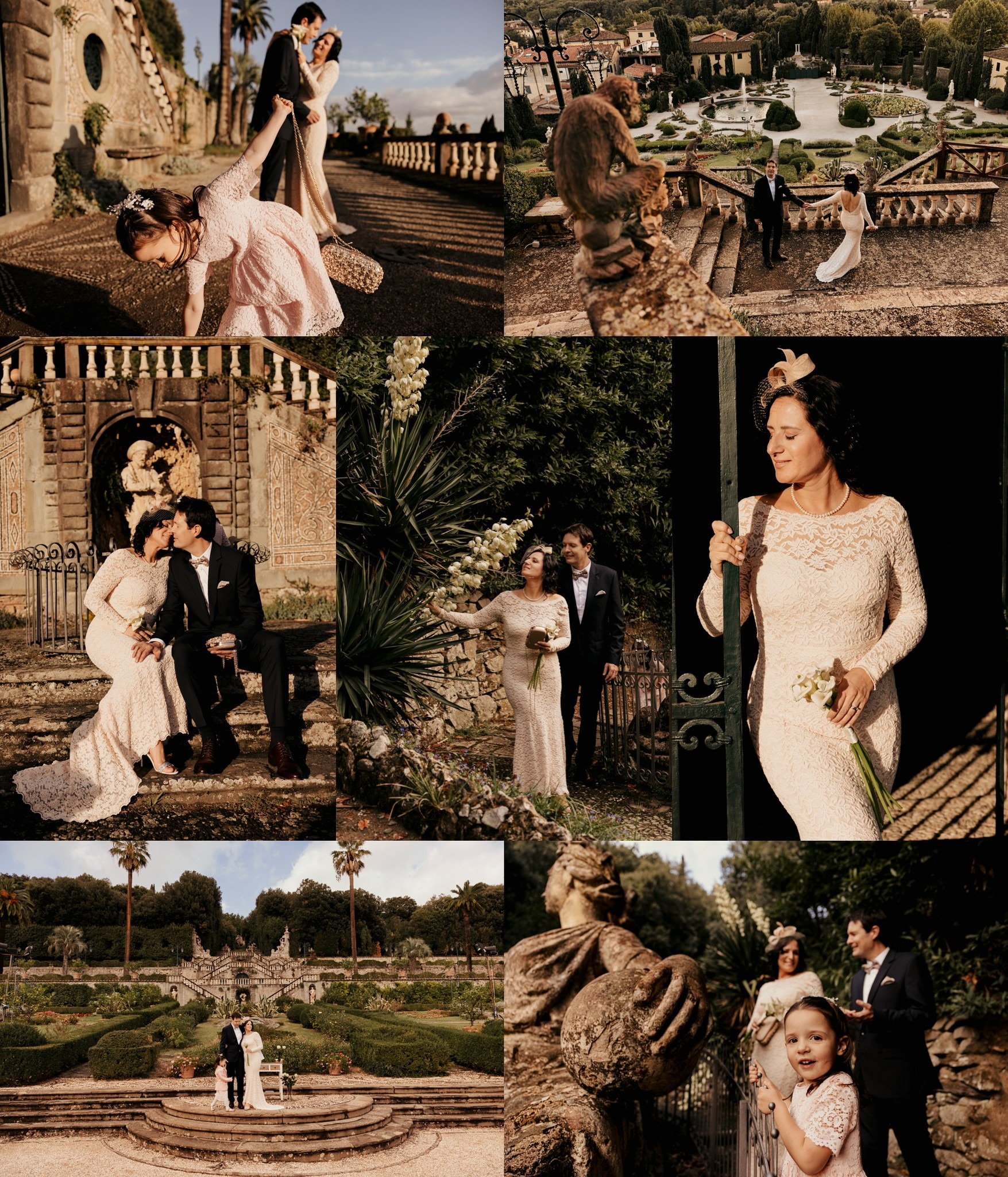 Kolaż zdjęć z sesji ślubnej w malowniczych ogrodach włoskich: para młoda w eleganckich strojach, elementy architektury ogrodowej, rzeźby i detale roślinne.