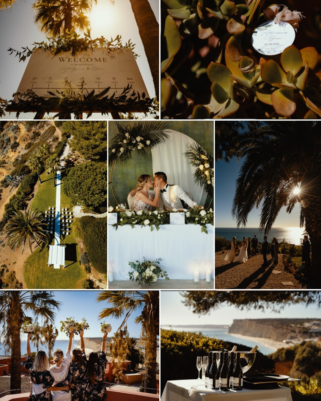 Kolaż zdjęć z ceremonii ślubnej w plenerze: tablica powitalna z harmonogramem, obrączka na roślinie, widok z drona na przygotowane miejsce ceremonii, para młoda za stołem, goście weselni na tle...