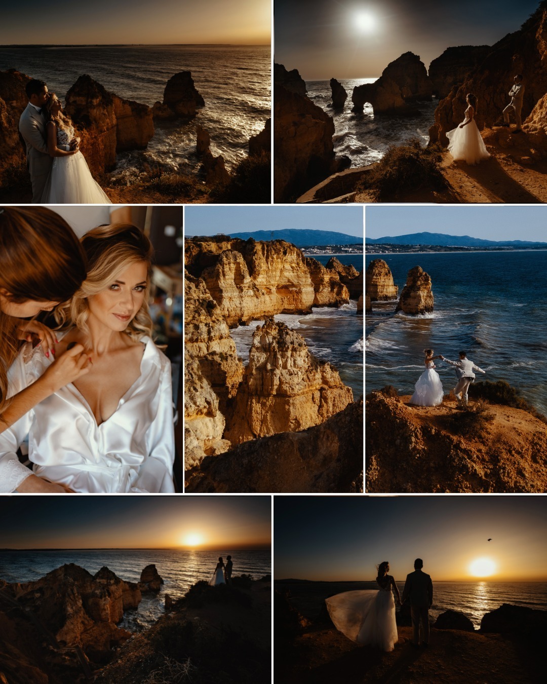 Kompozycja kilku ujęć ślubnych: para na tle klifów i morza o zachodzie słońca, panna młoda w szlafroku podczas przygotowań do ślubu, klify w słoneczny dzień.