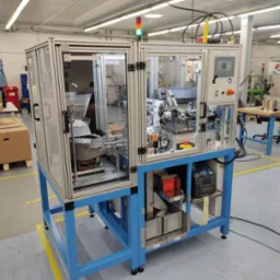 Automatyczna maszyna do montażu o-ringów z przezroczystymi osłonami, podświetlonym wnętrzem, panelem sterowania i podajnikiem wibracyjnym, umieszczona w hali produkcyjnej.