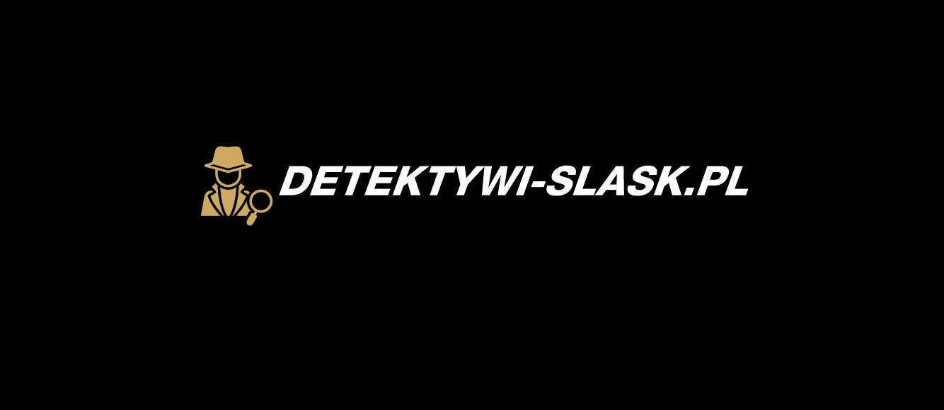 Grafika przedstawia logo firmy z adresem www.detektywi-slask.pl, stylizowane na detektywa z lupą w kapeluszu na czarnym tle.