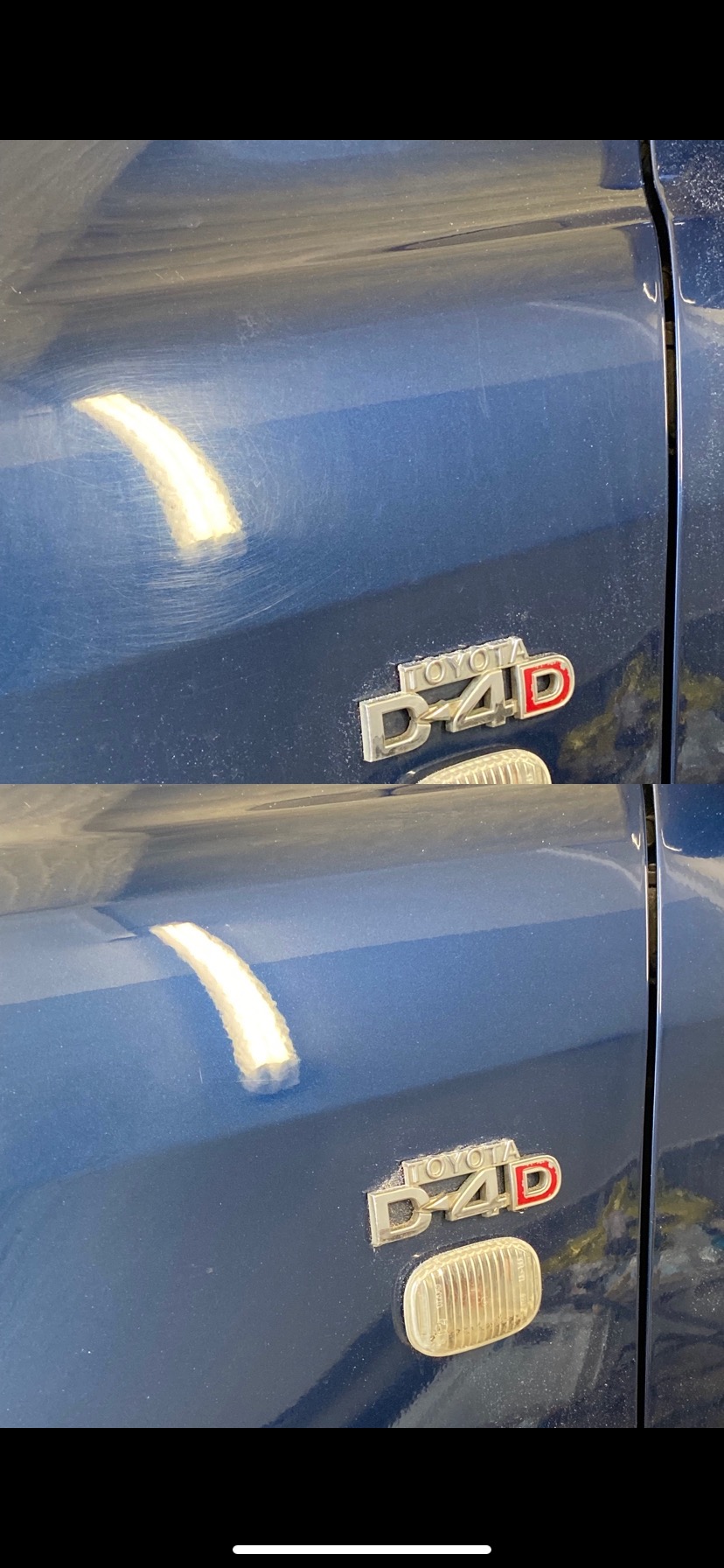 Błyszczący, niebieski bok samochodu Toyota D-4D z widocznymi śladami polerowania i zabrudzeniami.