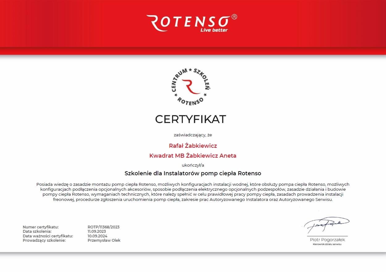 Certyfikat ukończenia szkolenia dla instalatorów pomp ciepła Rotenso, z datami szkolenia i ważności, podpisany przez kierownika działu serwisu.