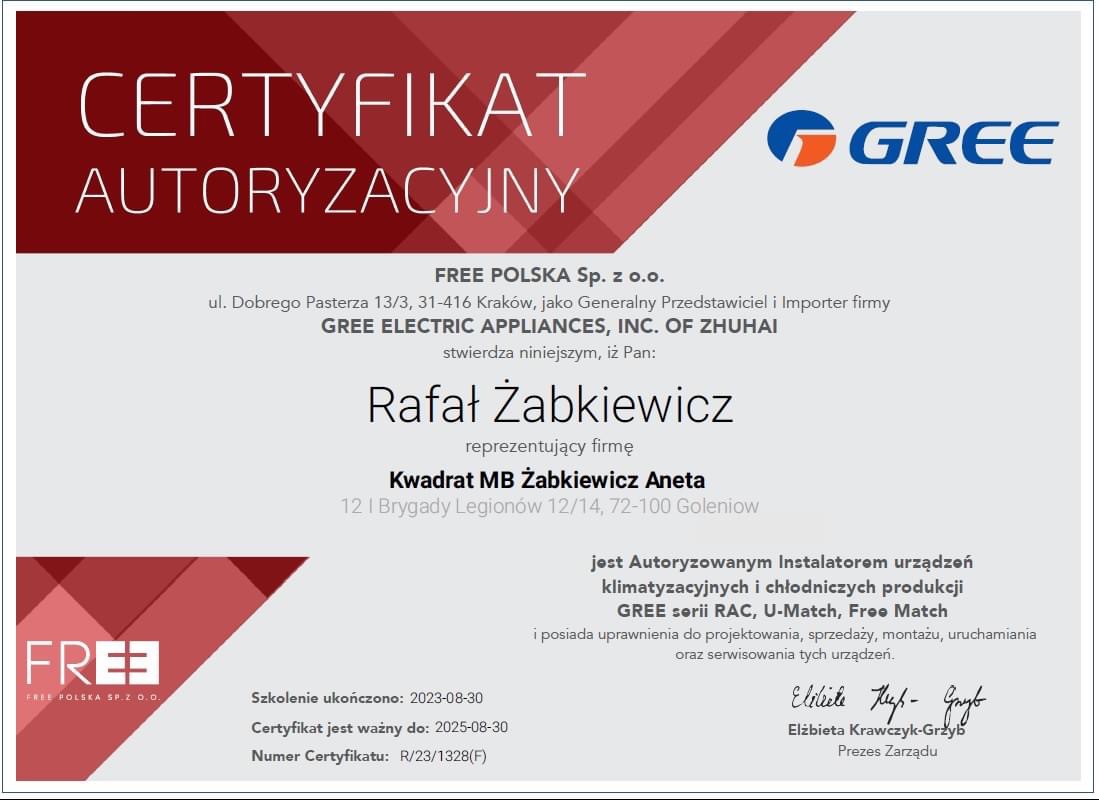 Certyfikat autoryzacyjny firmy FREE Polska Sp. z o.o. dla Rafała Żabkiewicza, autoryzowanego instalatora urządzeń klimatyzacyjnych i chłodniczych marki GREE, ważny do 2025-08-30.