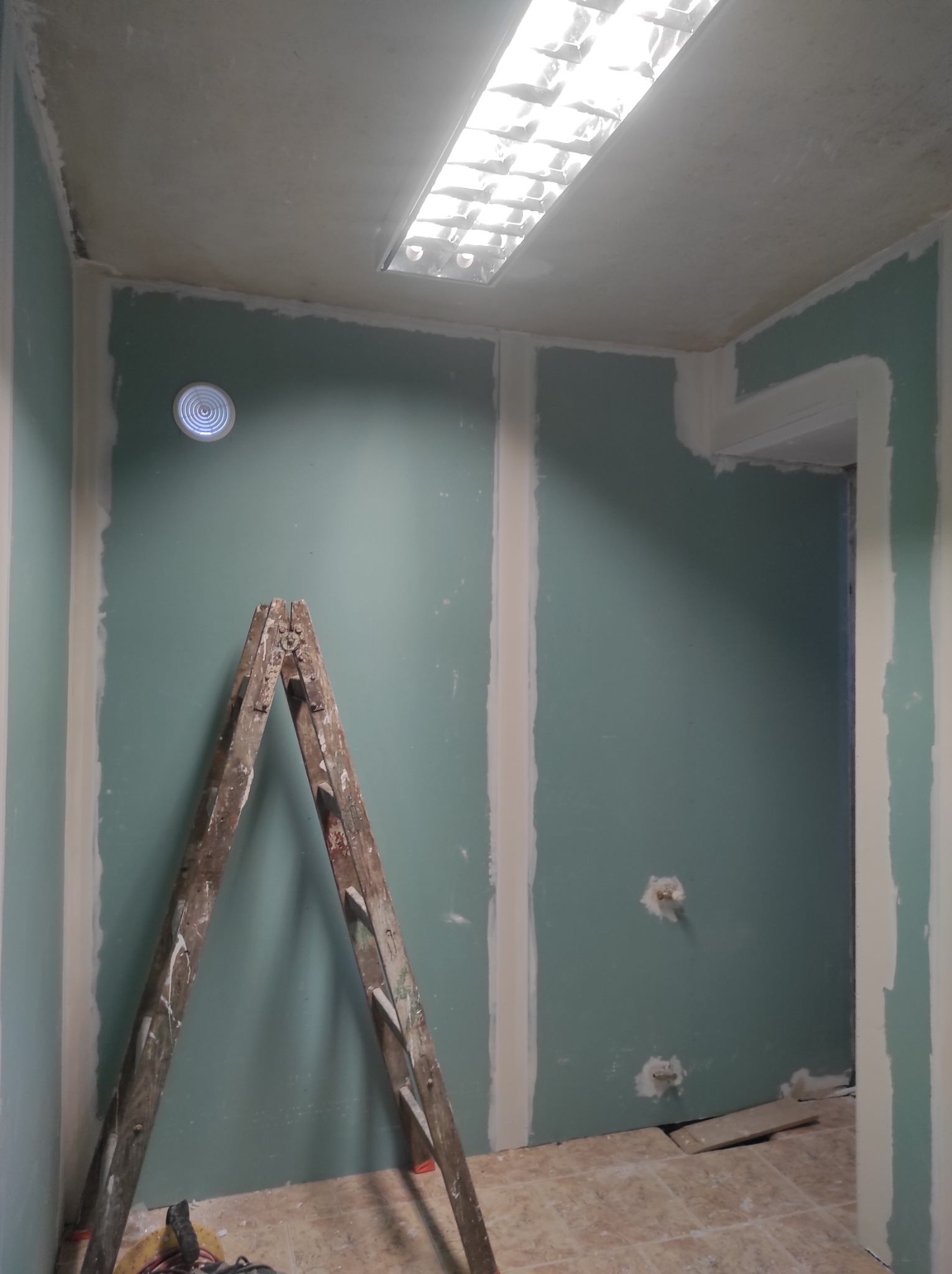 Wnętrze w trakcie prac wykończeniowych: ściany obłożone płytami, widoczne łączenia płyt wymagające dalszej obróbki, stara drewniana drabina oparta o ścianę, surowa podłoga i oświetlenie sufitowe.