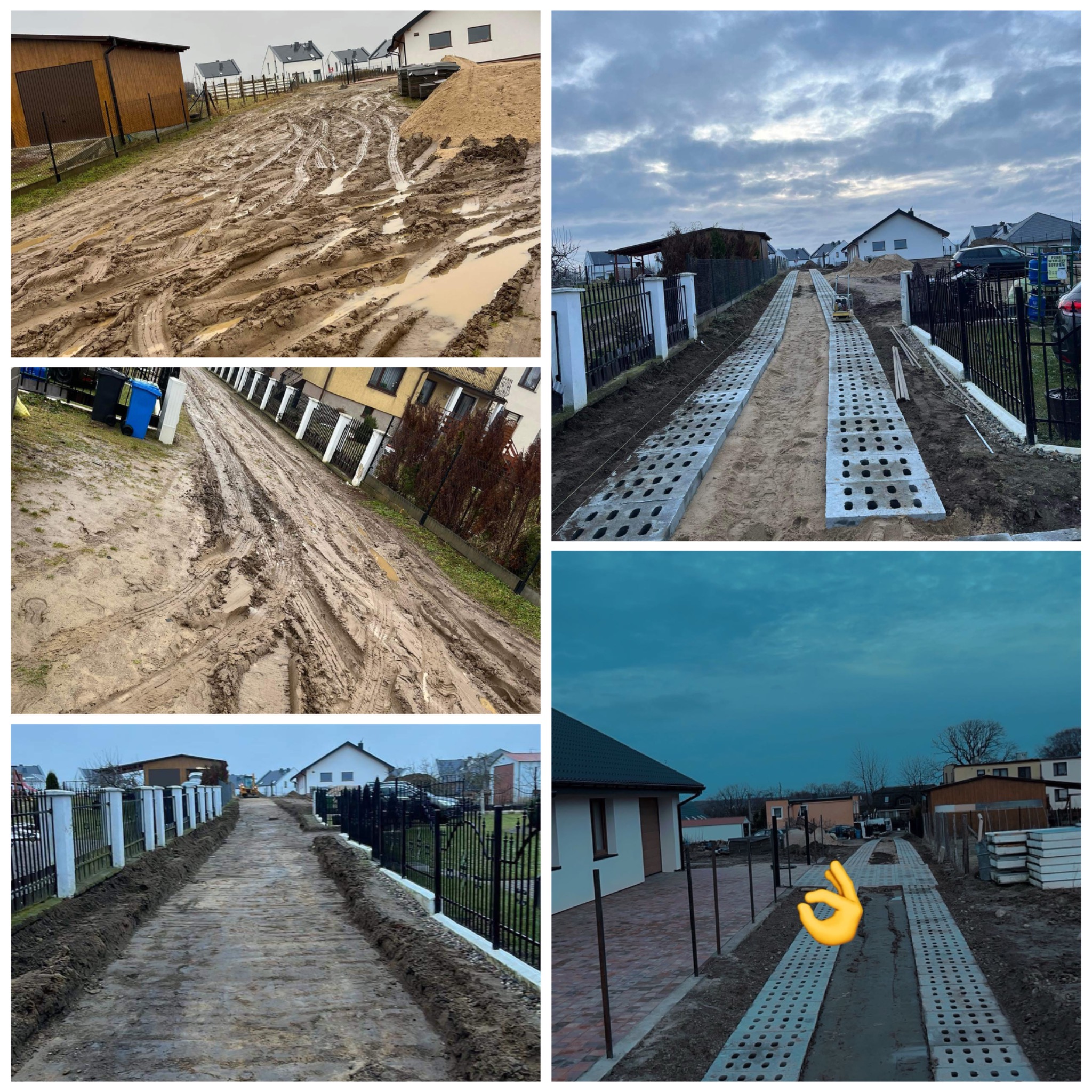 Kompozycja zdjęć przedstawiająca etapy przygotowania i częściowego wykonania drogi dojazdowej: od błotnistego terenu po ułożone betonowe płyty ażurowe i fragment nowej kostki.