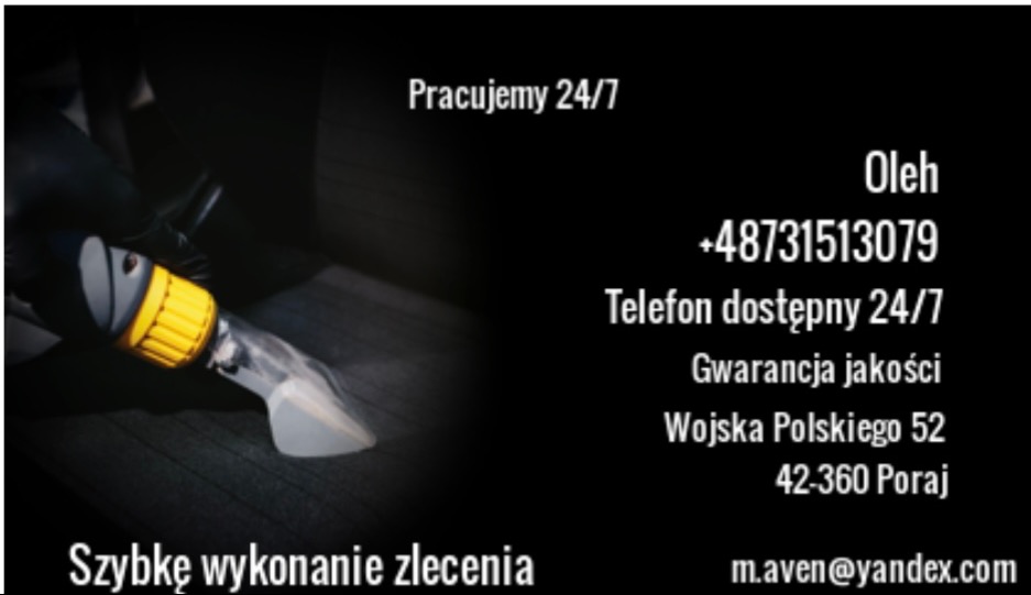 Zdjęcie przedstawia dyszę odkurzacza piorącego na tle ciemnej tapicerki samochodowej, z widocznymi danymi kontaktowymi firmy oferującej usługi czyszczenia.