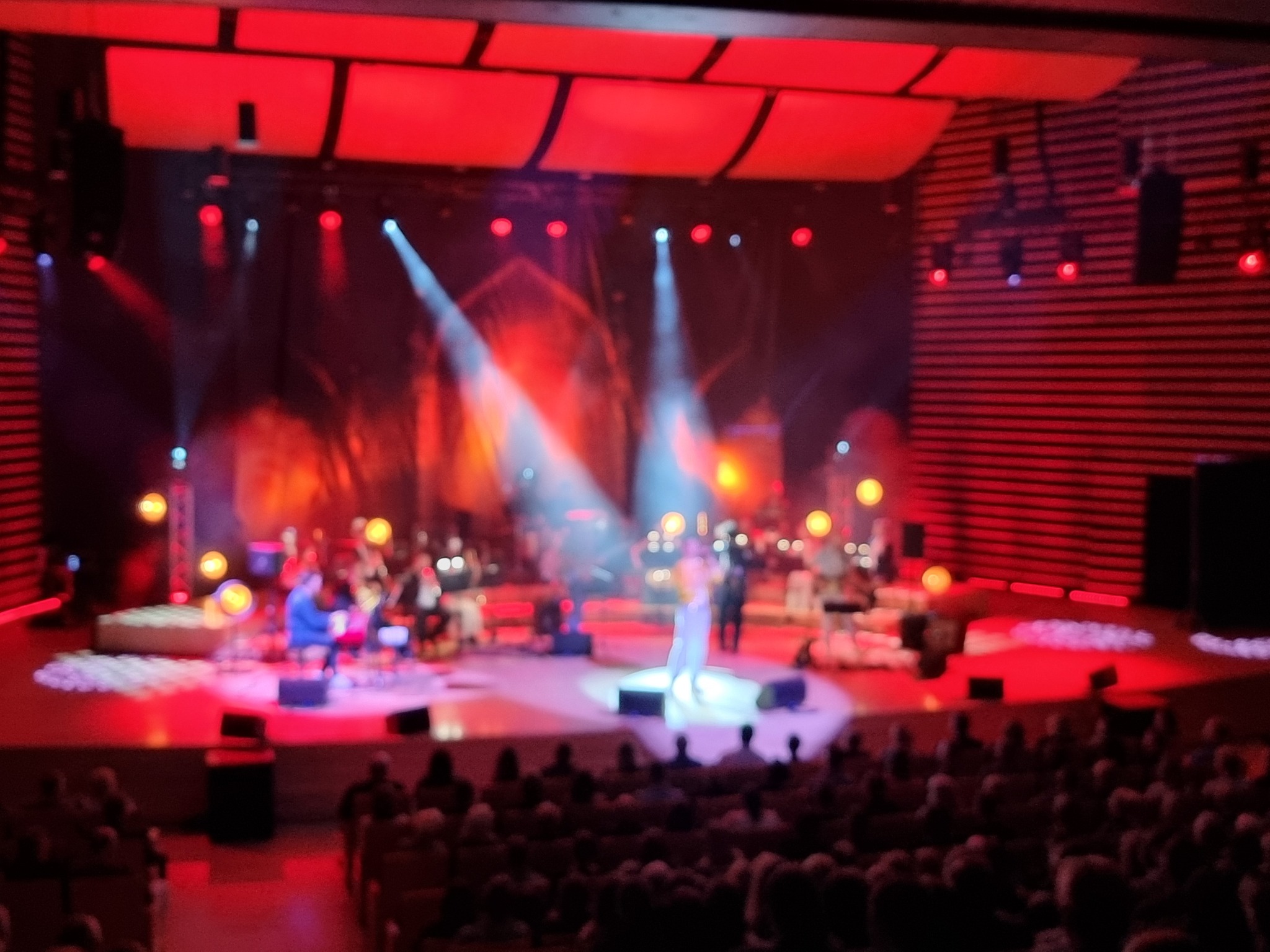 Scena koncertowa z zespołem muzycznym i wokalistą oświetlona reflektorami, widownia w tle.