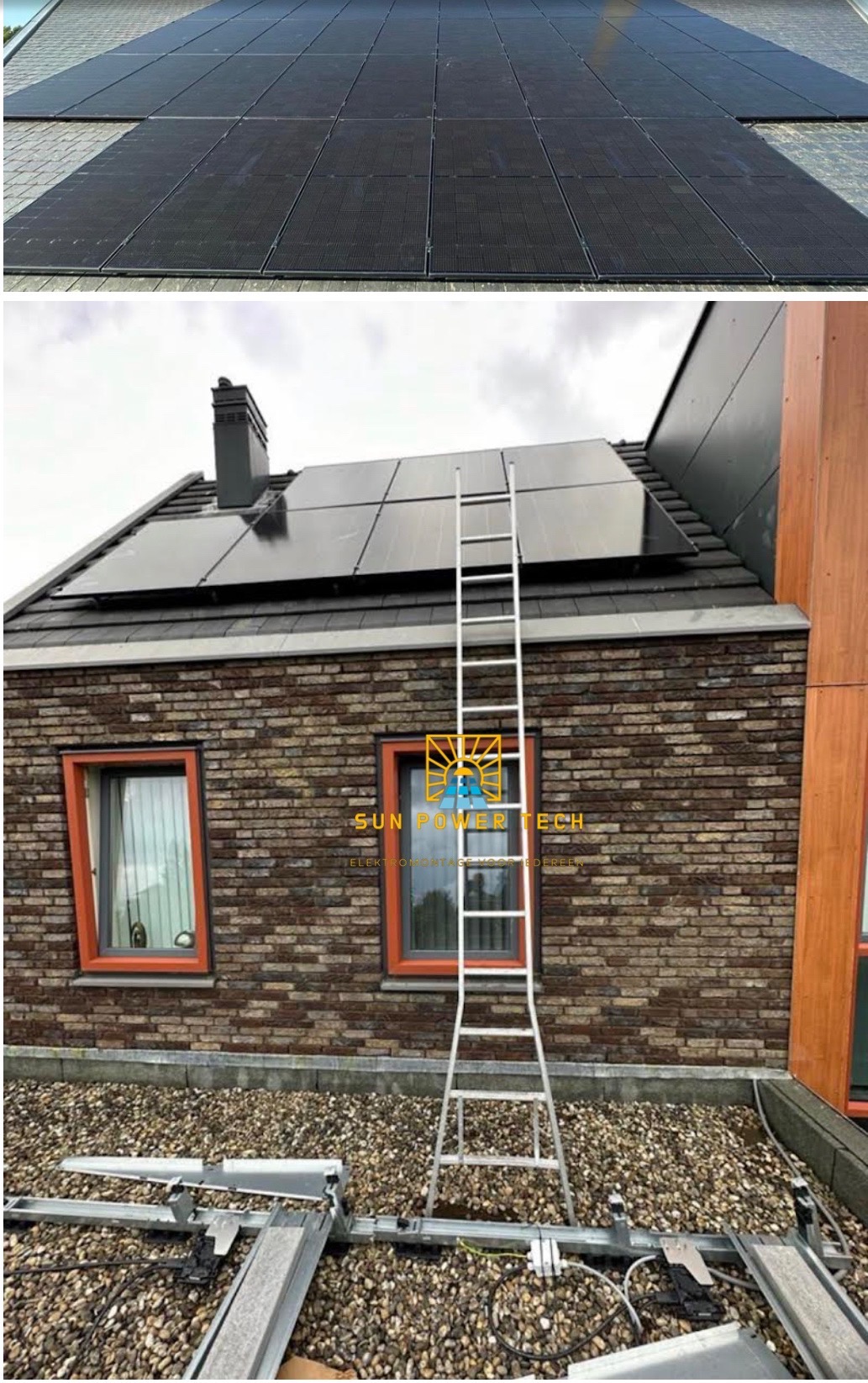 Panele słoneczne na dachu domu z cegły, widoczna drabina i elementy montażowe, perspektywa z dachu.