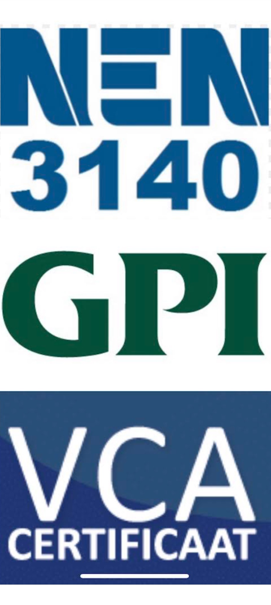 Certyfikaty NEN3140VP ,GPI , VCA