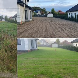 DIRECT BRAND S.C. - Trzy kadry przedstawiające metamorfozę działki: zarośnięta trawa, wyrównany teren przygotowany pod zasiew, oraz świeżo założony trawnik z rolki przy nowoczesnym domu.