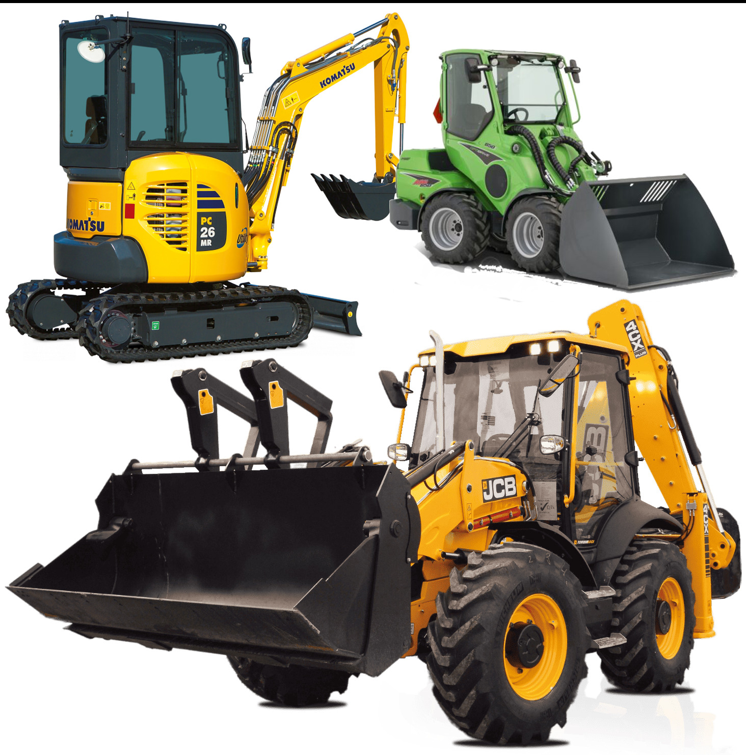 Kompilacja sprzętu budowlanego: żółty minikoparka Komatsu, zielona ładowarka wielofunkcyjna Avant i żółta koparko-ładowarka JCB na białym tle.