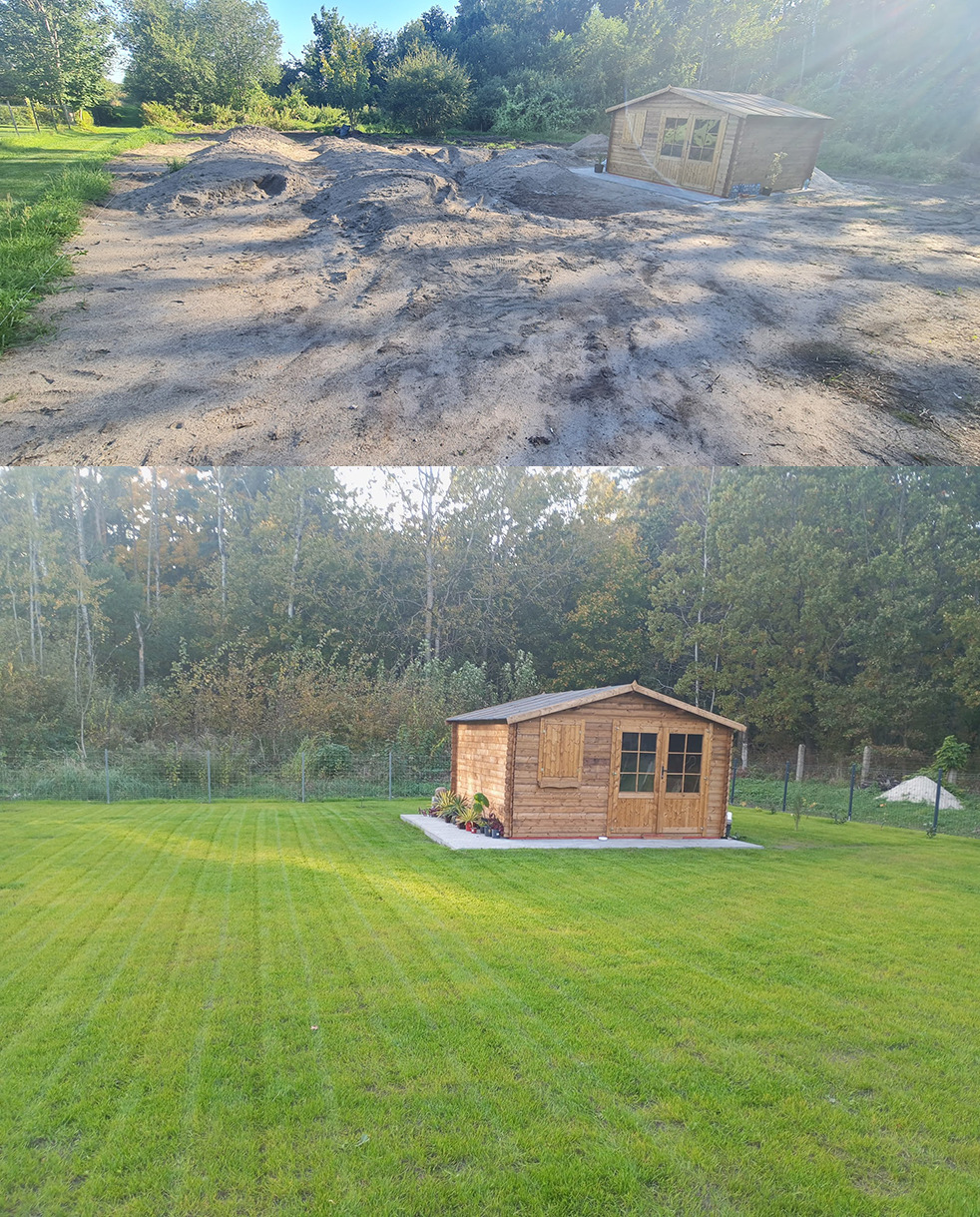 Dwa ujęcia: górne przedstawia teren po robotach ziemnych z nierównościami i stertami piachu obok drewnianej altany, dolne ukazuje altanę na wyrównanym, zielonym trawniku z kwiatami i kostką wokół...