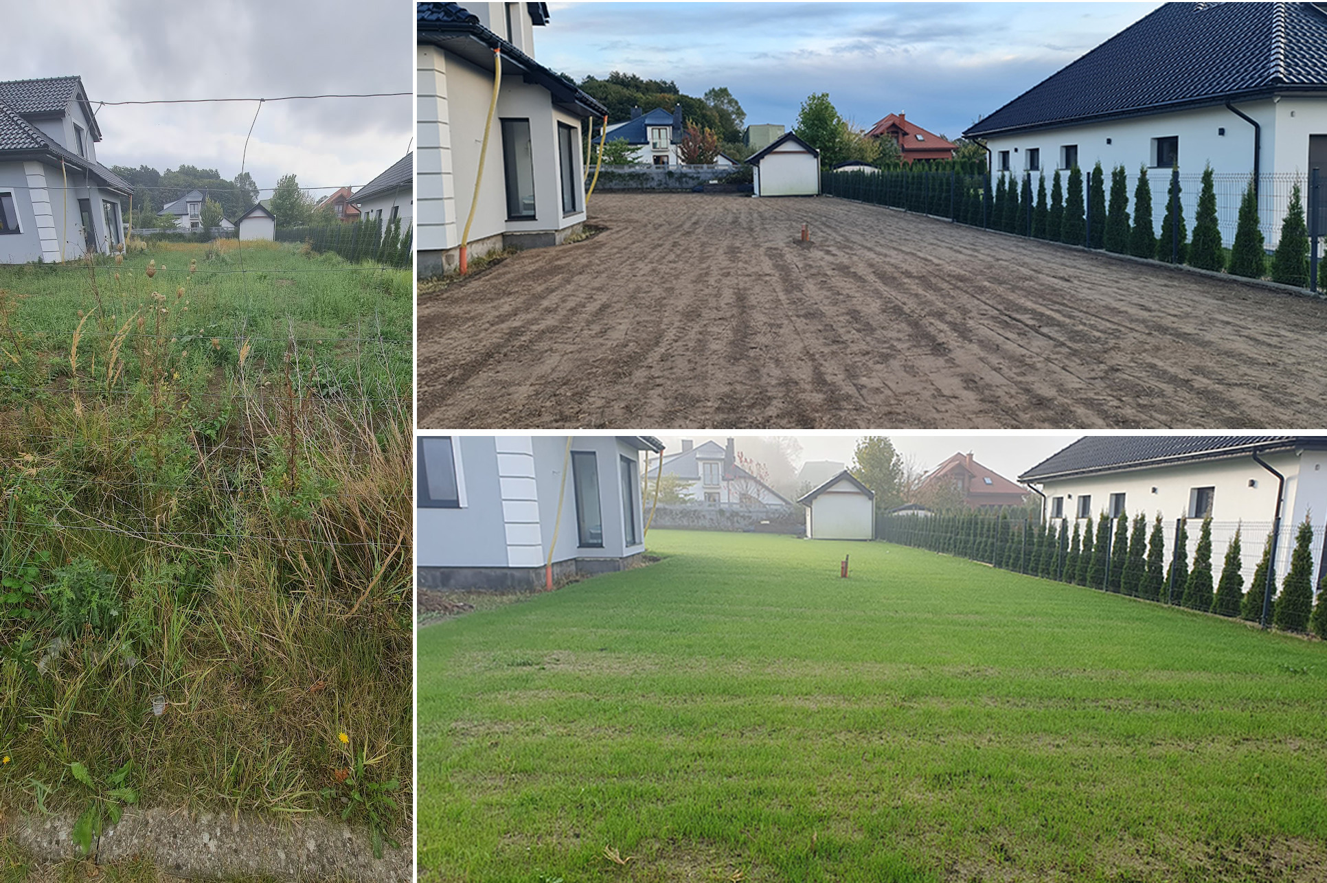 Trzy kadry przedstawiające metamorfozę działki: zarośnięta trawa, wyrównany teren przygotowany pod zasiew, oraz świeżo założony trawnik z rolki przy nowoczesnym domu.