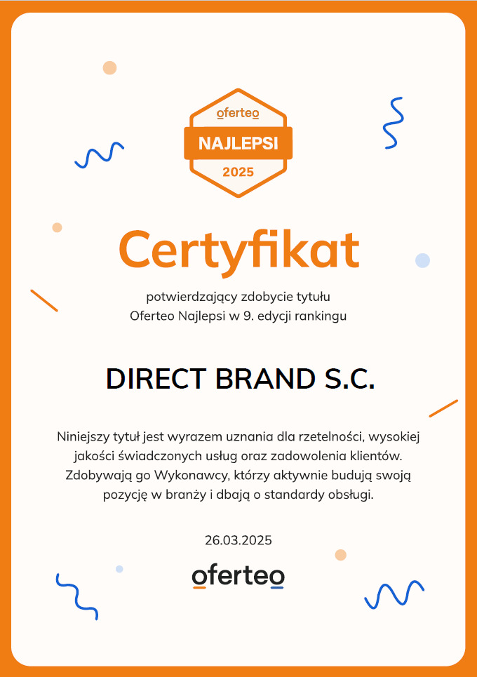 Certyfikat Oferteo Najlepsi 2025 dla firmy Direct Brand S.C. za rzetelność i wysoką jakość świadczonych usług, z datą 26.03.2025.