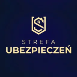 Graficzne logo firmy ubezpieczeniowej: stylizowany dom w tarczy, napis 'STREFA UBEZPIECZEŃ' na ciemnoniebieskim tle.