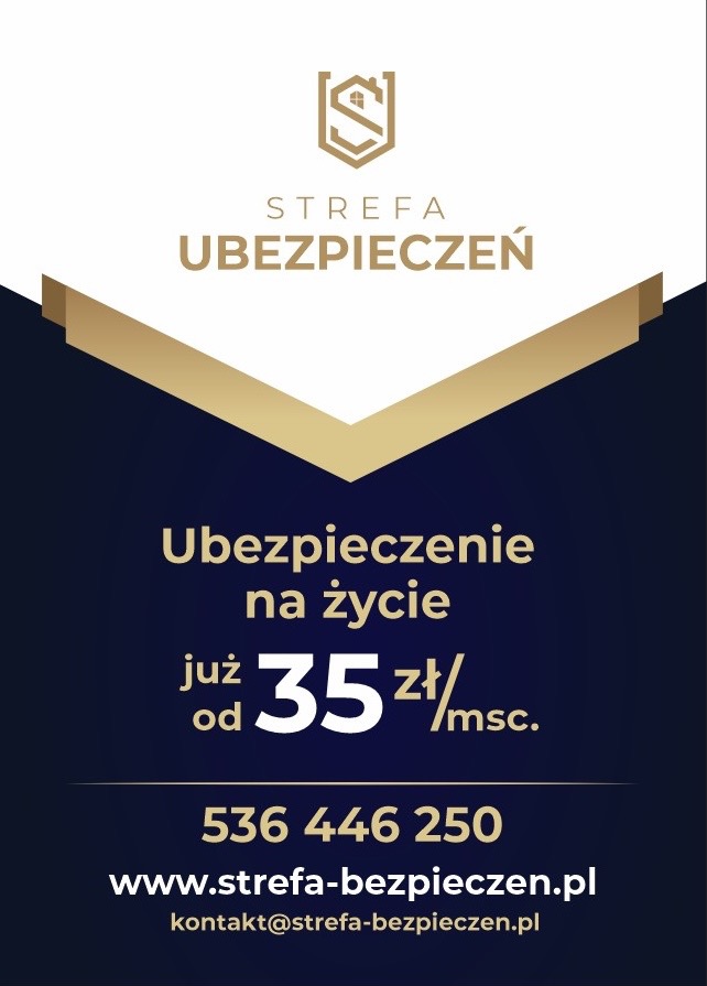 Grafika reklamowa z logo firmy 'Strefa Ubezpieczeń', oferująca ubezpieczenie na życie od 35 zł miesięcznie, z podanym numerem telefonu i adresem strony internetowej.