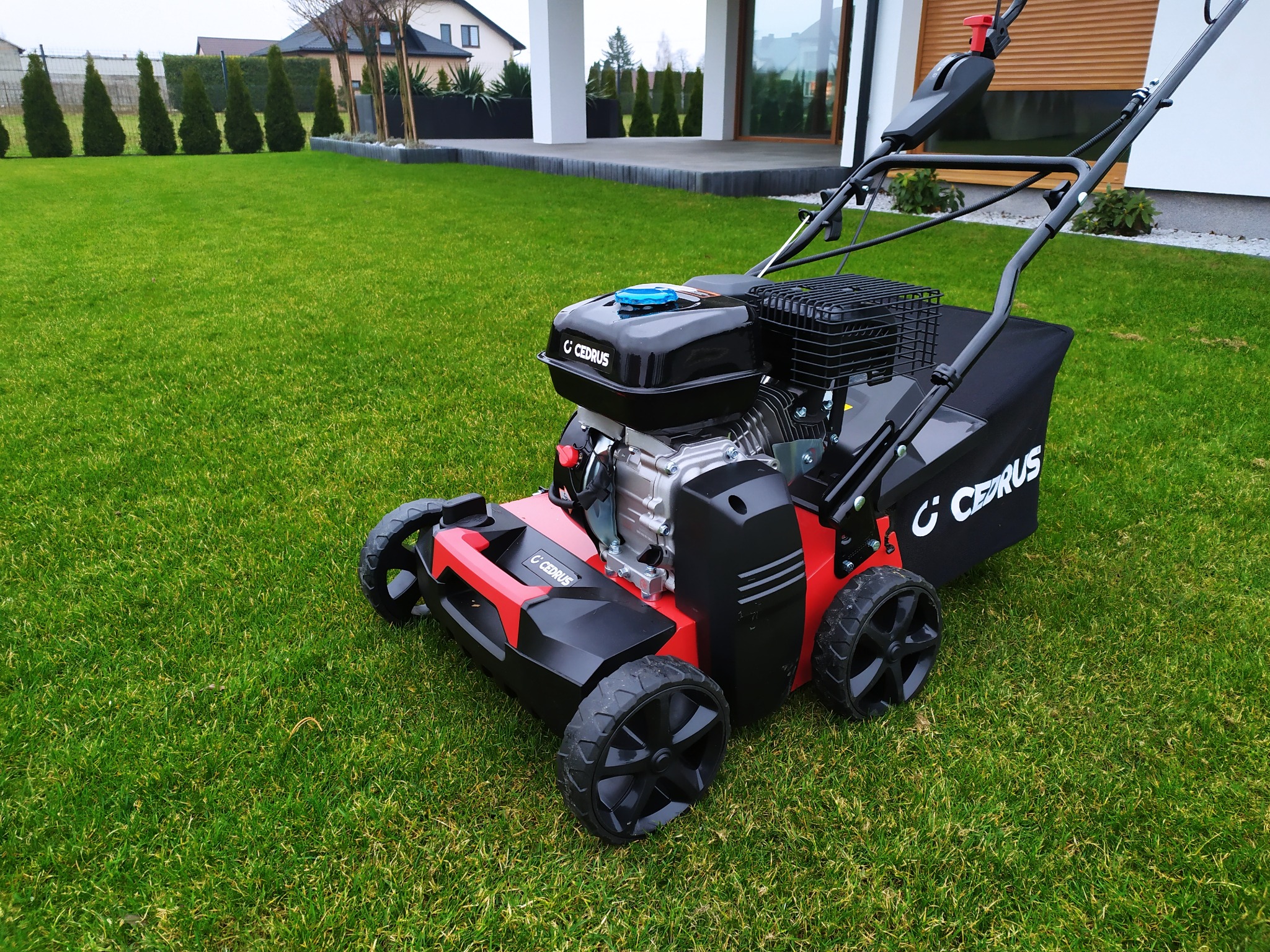 Nowoczesna kosiarka spalinowa marki Cedrus na tle idealnie przystrzyżonego, soczyście zielonego trawnika przed minimalistycznym domem.