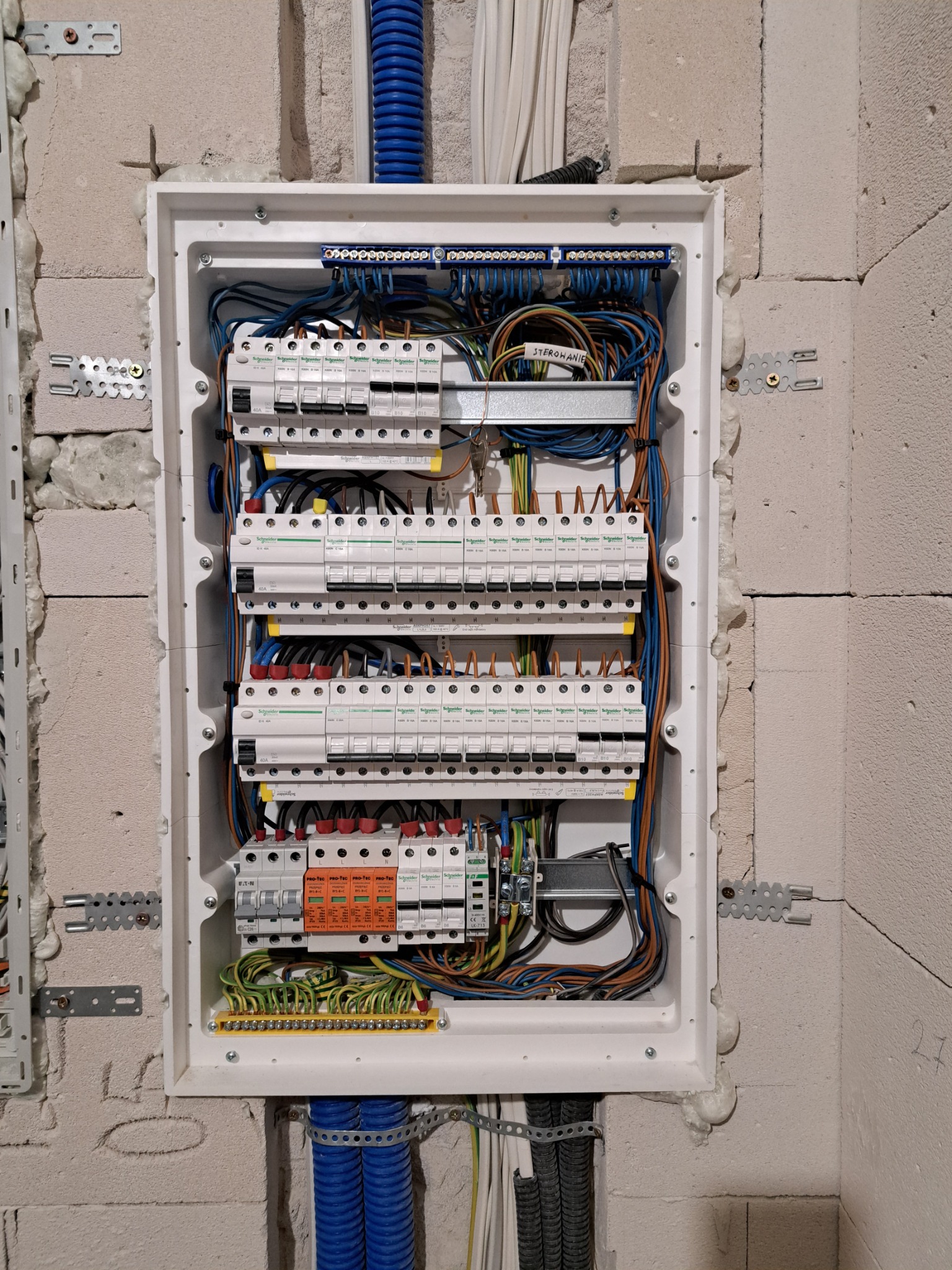 Rozdzielnica elektryczna z zabezpieczeniami różnicowoprądowymi i nadprądowymi, zamontowana na surowej ścianie z betonu komórkowego, widoczne kable w peszlach i oznaczenie 'STEROWANIE' na przewodach.