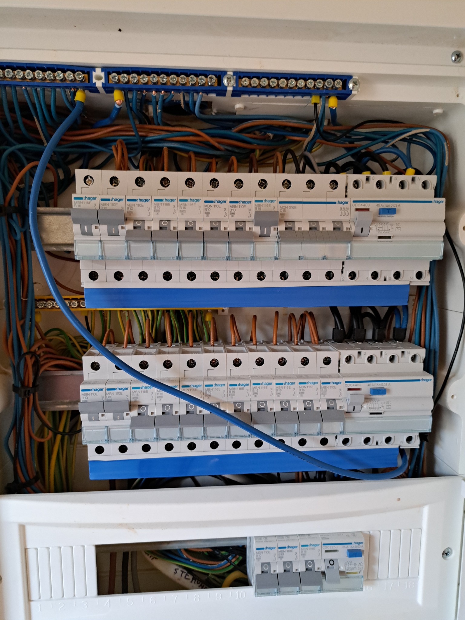 Rozdzielnica elektryczna z przewodami i bezpiecznikami firmy Hager, zamontowana w Garwolinie, widoczna z bliska w obudowie z tworzywa.