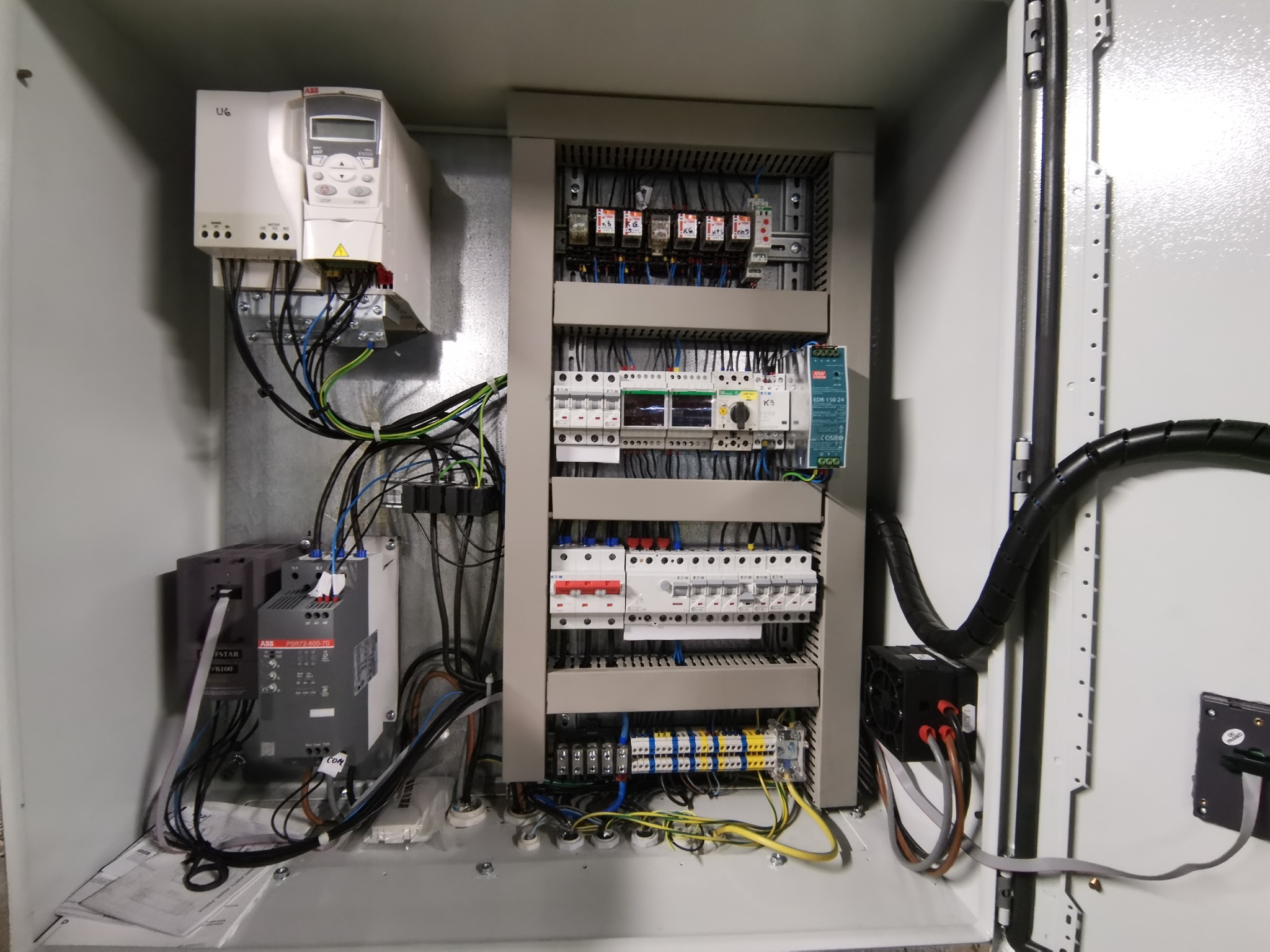 Otwarta szafa sterownicza z widocznymi elementami elektrycznymi: falownik ABB, bezpieczniki, przekaźniki, zasilacz impulsowy Mean Well EDR-150-24, oraz okablowanie.