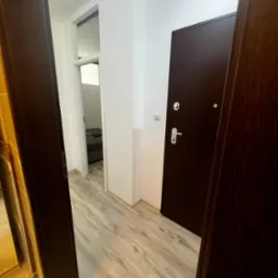 Wyremontowany korytarz z panelami podłogowymi, białą ścianą i brązowymi drzwiami wejściowymi. Widok na pok&oacute;j przez otwarte drzwi.