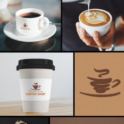 Reflekz Studio - Kompozycja kolażu prezentująca identyfikację wizualną kawiarni: logo, filiżanka kawy, latte art, kubek na wynos, torba materiałowa i wizytówki na jednolitym tle.