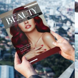 Reflekz Studio - Okładka magazynu 'Beauty Magazine' z modelką o czerwonych włosach, prezentowana w Tuszynie przez osobę w eleganckim stroju, w tle widok na miasto z wysokości.
