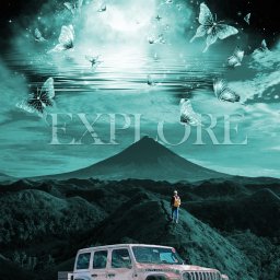 Reflekz Studio - Turkusowy fotomontaż: Jeep Rubicon na wzgórzu, w tle wulkan, nad nim księżyc i motyle, napis 'EXPLORE'.