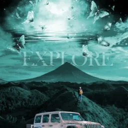 Turkusowy fotomontaż: Jeep Rubicon na wzgórzu, w tle wulkan, nad nim księżyc i motyle, napis 'EXPLORE'.